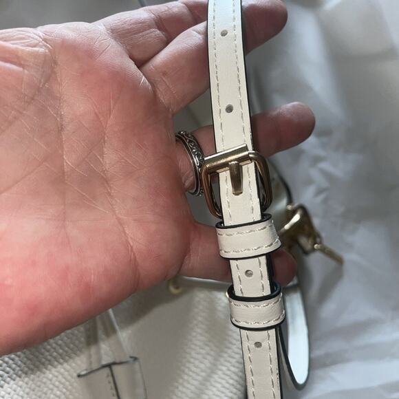 Aldo White W/Gold Woven Drawstring Bucket Bag Cross Body Convertible Top Handle - Picture 7 of 16